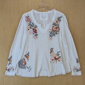 Caite Karyn Seo Womens Boho Floral Embroidered Waffle Knit Thermal Top Size L
